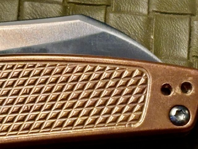 Artisan Cleo, S90V steel, copper handle detail